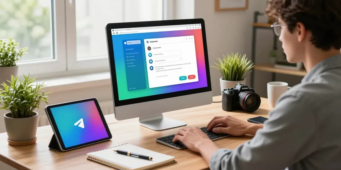 Download Telegram app interface on a modern home office workspace with vibrant chat bubbles and tech gadgets.