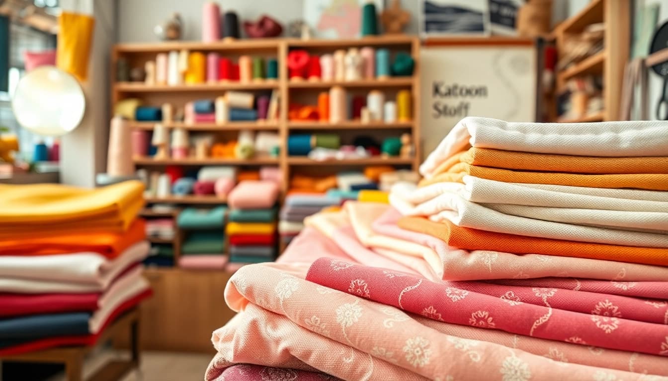 Katoen stof kopen in een aantrekkelijke winkelsetting met kleurrijke stoffen.
