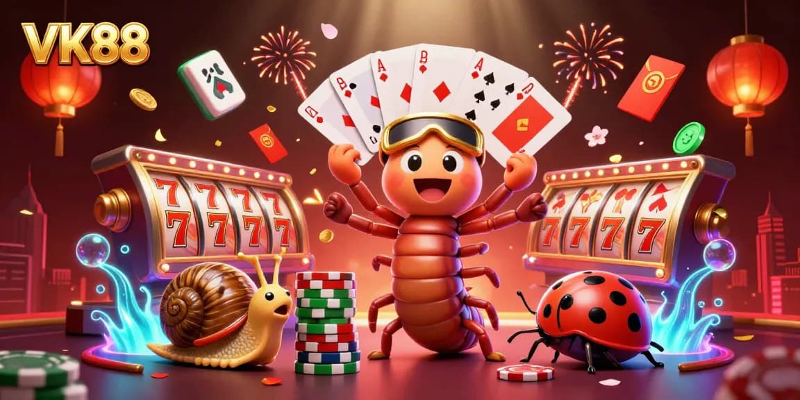Experience fun gaming adventures with VK88 as giant casino characters interact with vibrant slot machines.