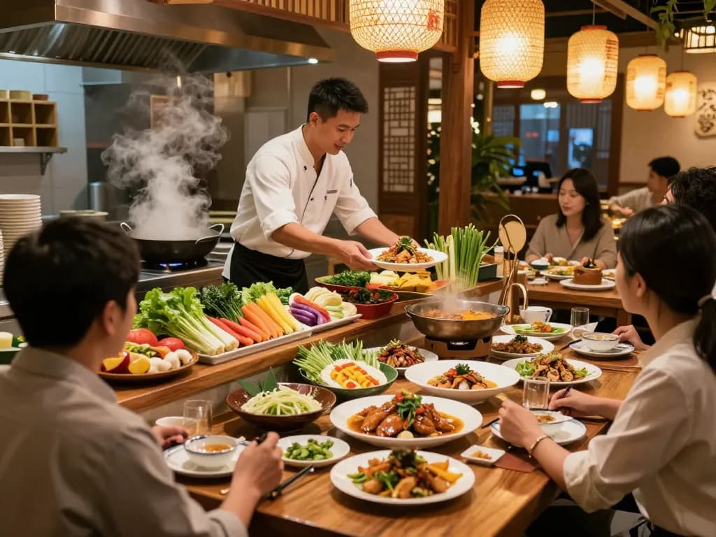 RED88 Asian restaurant scene with chefs cooking and diners enjoying flavorful dishes in an inviting atmosphere.