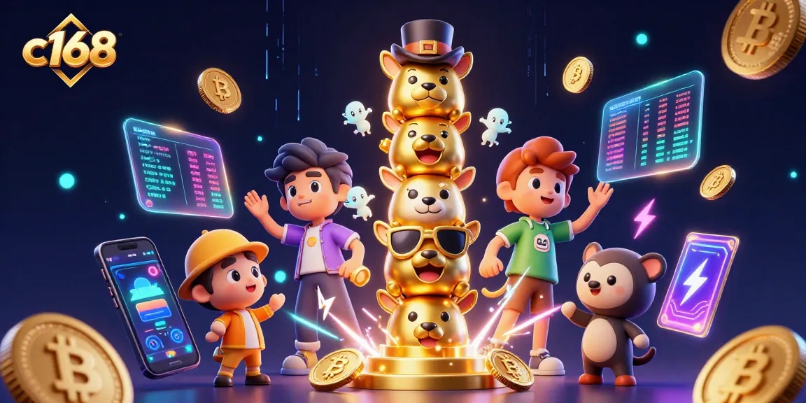 Win big at c168 with vibrant 3D illustration of a golden totem surrounded by crypto coins.
