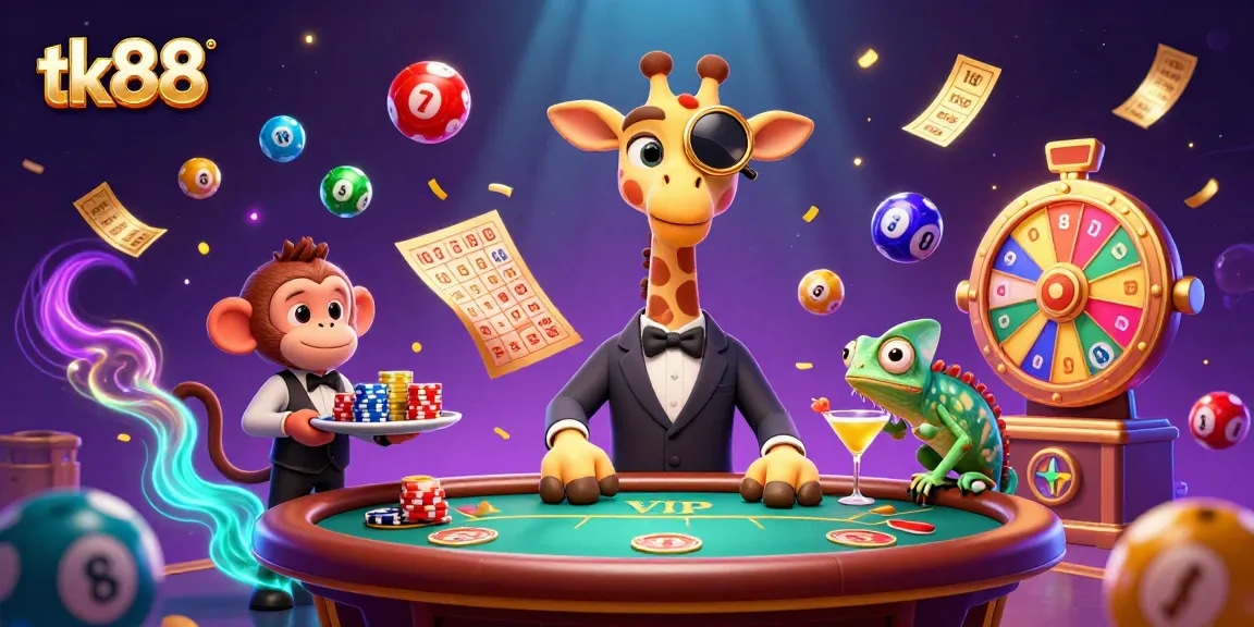 Experience thrilling gameplay with tk88 as a high-roller giraffe and friends celebrate at a vibrant casino scene.