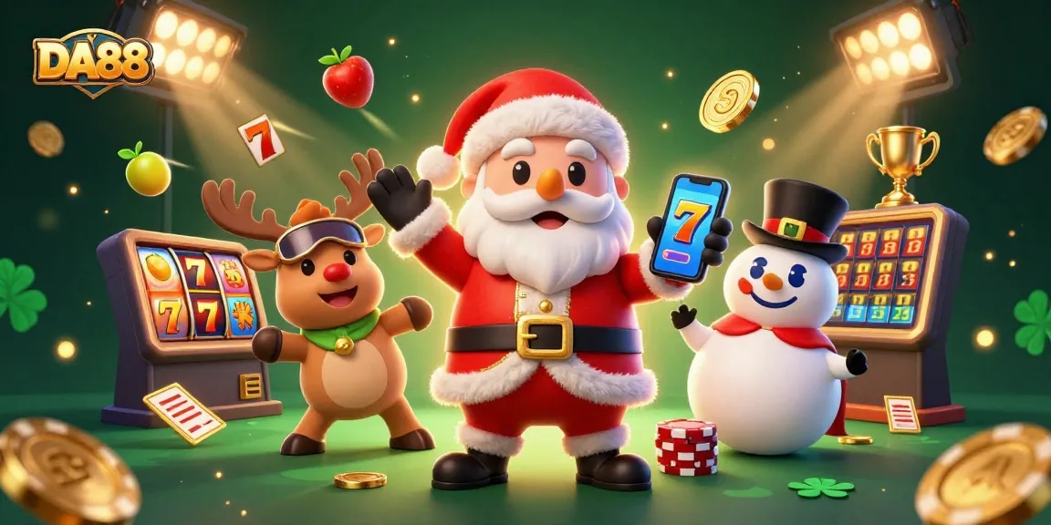 Experience the thrill of DA88 slots with Santa celebrating jackpots in a vibrant casino scene.