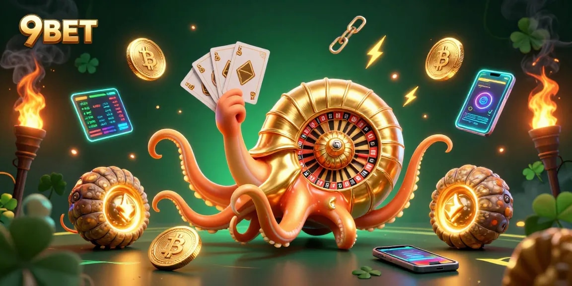Engage with 9BET's thrilling gameplay featuring a golden nautilus roulette wheel surrounded by vibrant crypto elements.