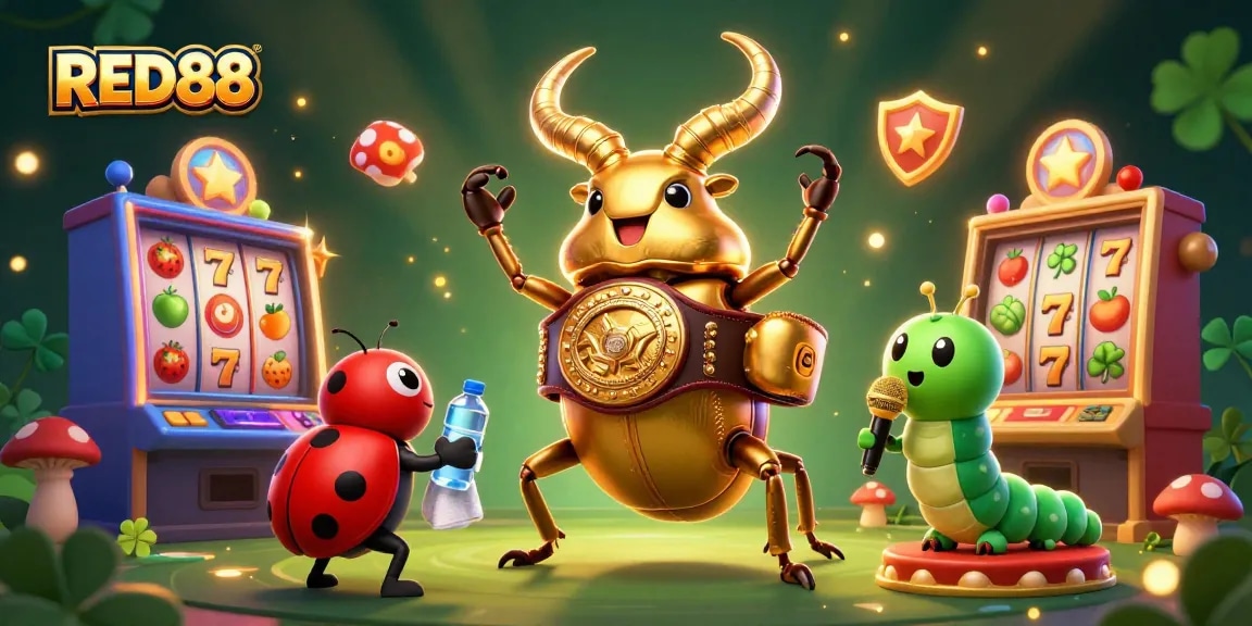 Experience the thrills of RED88 as you watch a giant golden stag beetle face off in a lively casino atmosphere.