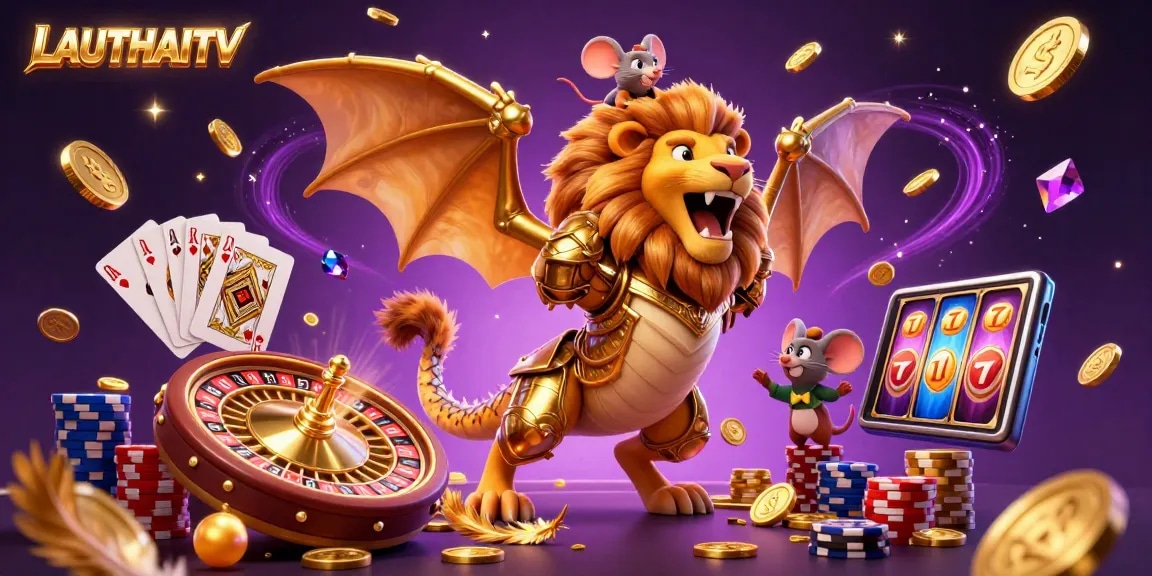 Engage with LAUTHAITV's vibrant 3D illustration featuring a chimera and golden coins, capturing thrilling gambling action.
