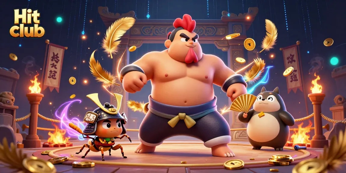Hit club showcases a thrilling animated scene with sumo and samurai characters, representing online gambling energy.