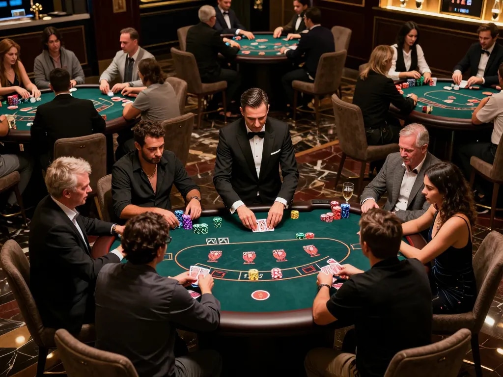 8kbet players engaged in captivating poker game at a luxurious casino table during an exciting evening.