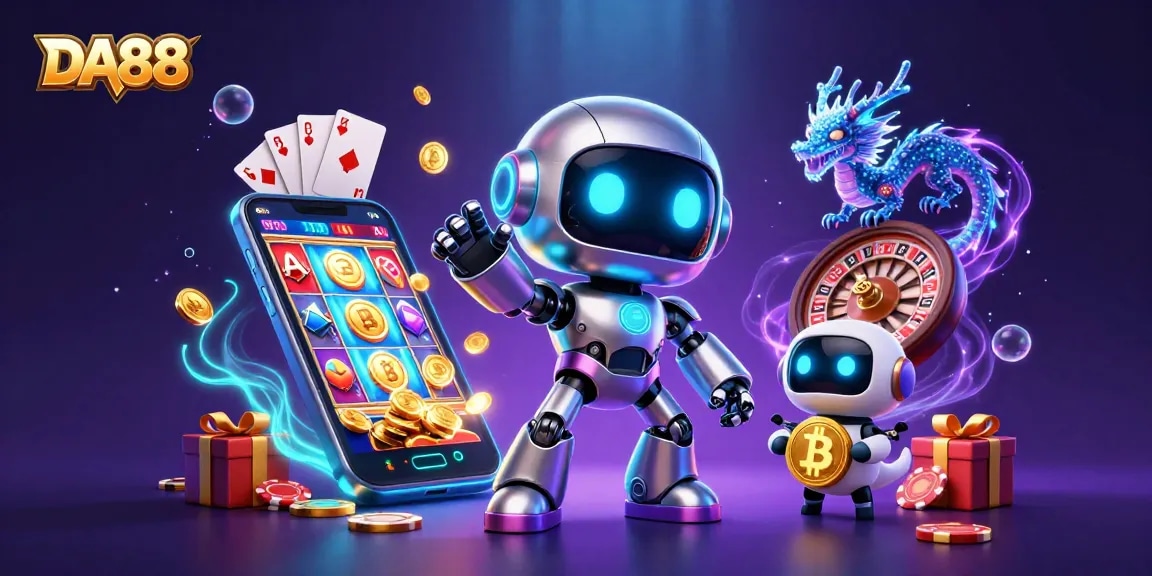 Experience DA88's thrilling casino fun with an energetic cyberpunk mascot and immersive game elements.
