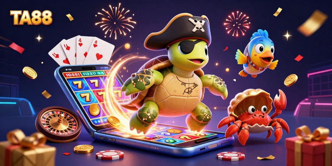 TA88 vibrant casino illustration with pirate turtle, crab, and parrotfish above treasure.