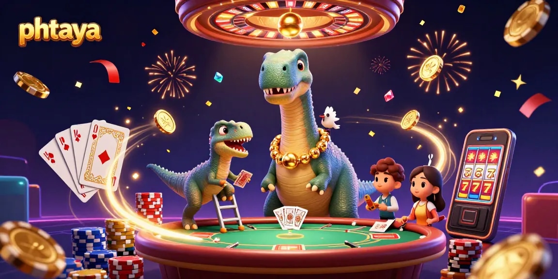 Phtaya celebrates with a vibrant 3D casino scene featuring a brontosaurus and clever raptor distributing cards.