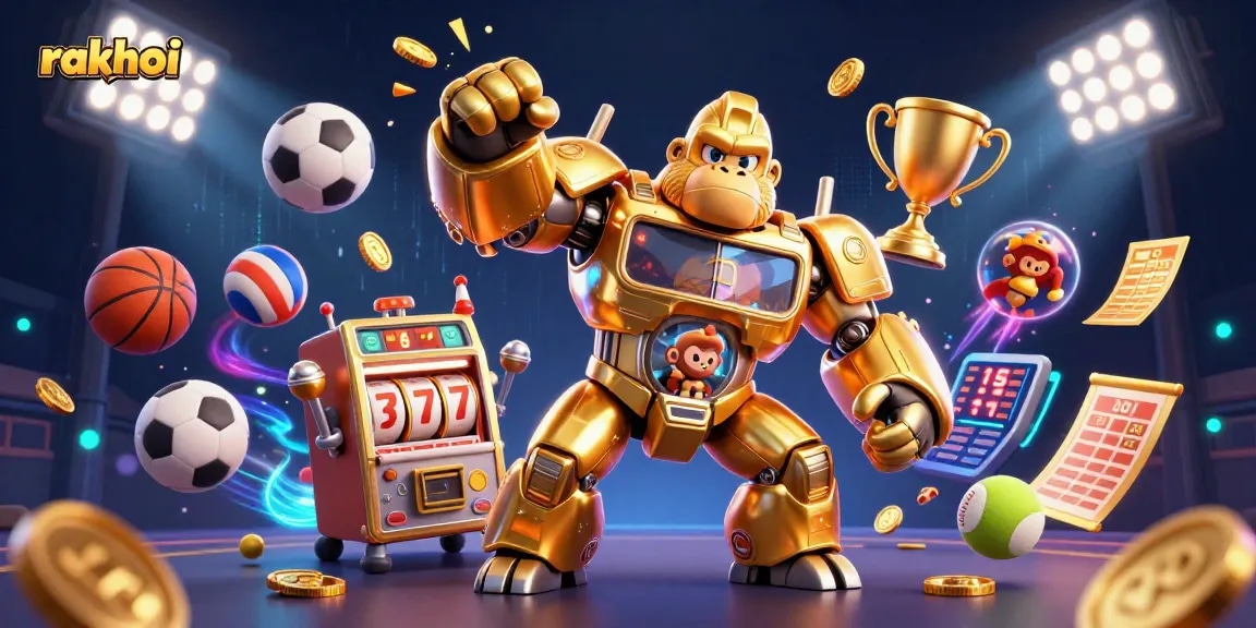 Bet on sports with rakhoi in a dynamic scene featuring a gorilla mech and sports balls.