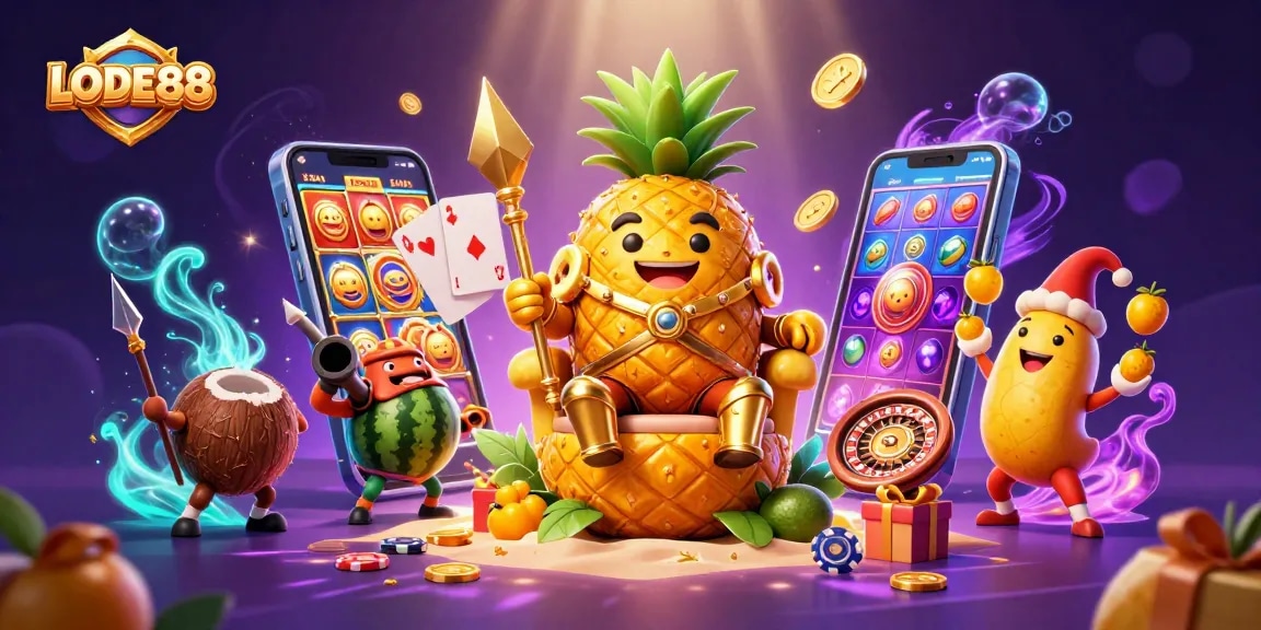 Bet on LODE88 with a dynamic and colorful 3D casino scene featuring a pineapple king and playful characters.
