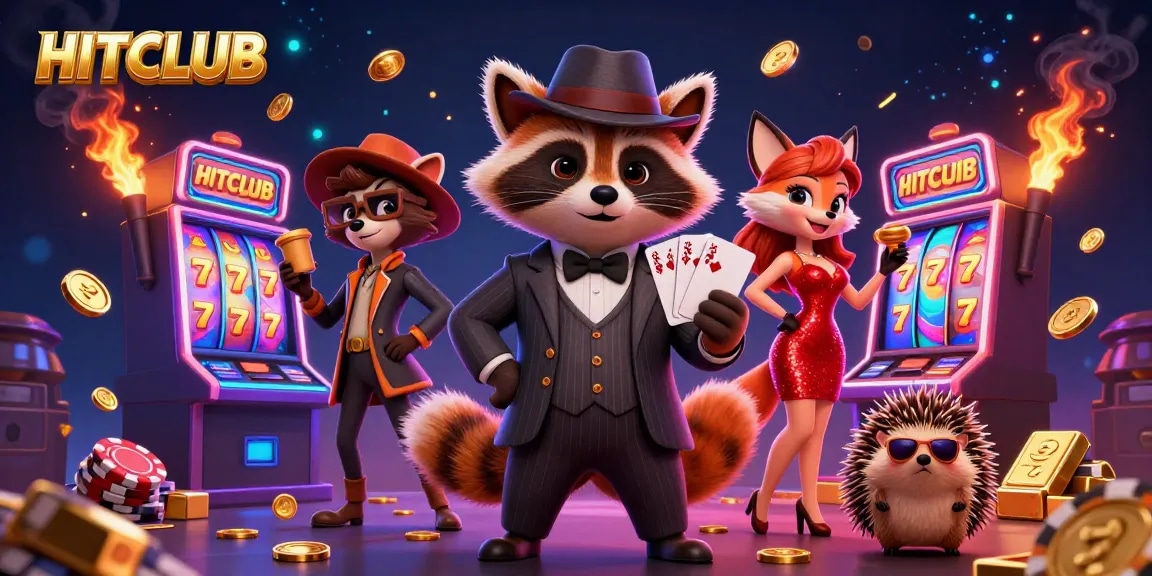 Experience thrilling action at HITCLUB with raccoon in a pinstripe suit, vibrant slot machines, and luxury casino elements.