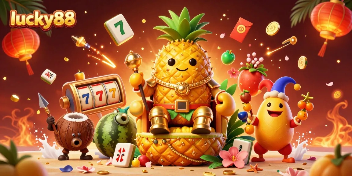 Experience winning slots at lucky88 while the golden pineapple king reigns in this vibrant 3D illustration.
