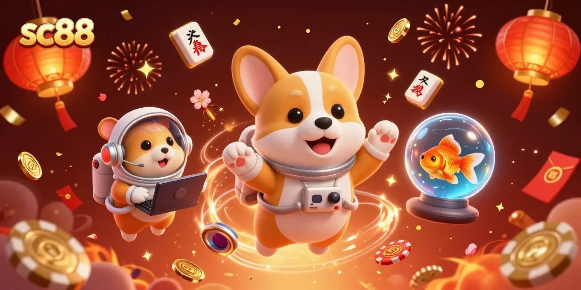 Experience sc88 in a vibrant casino atmosphere with floating characters and gaming elements.