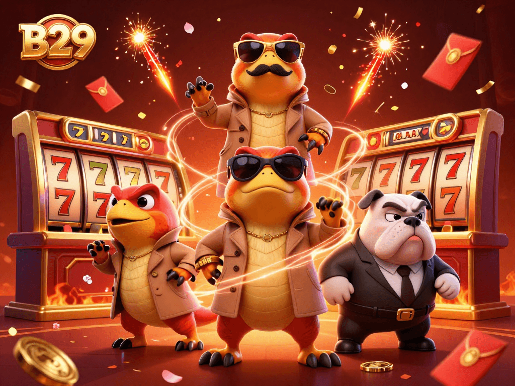 Experience the excitement of B29's VIP casino lounge with playful raptors, celebrating wins and fun!