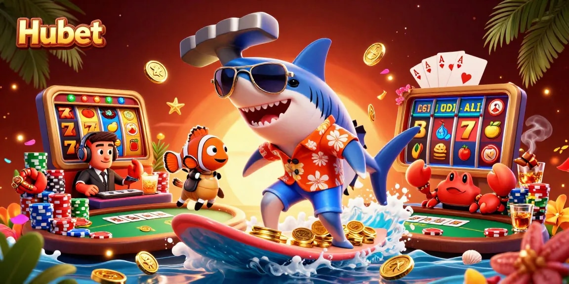 Experience thrilling action at Hubet with a shark, clownfish, and crab in a vibrant casino scene.