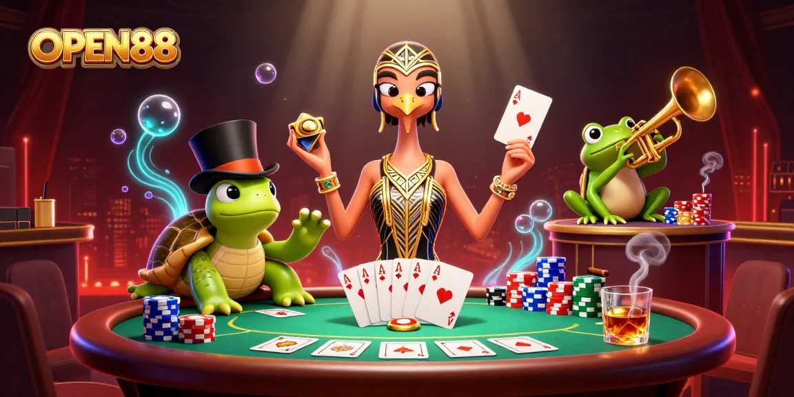 Engage in thrilling gameplay at OPEN88 with vibrant casino elements and lively characters.