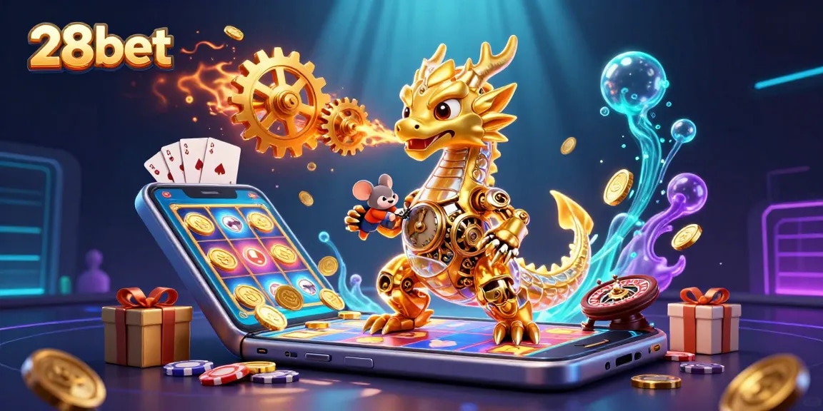 Engage with 28bet's exciting gaming experience featuring a golden biomechanical dragon amidst vibrant casino elements.