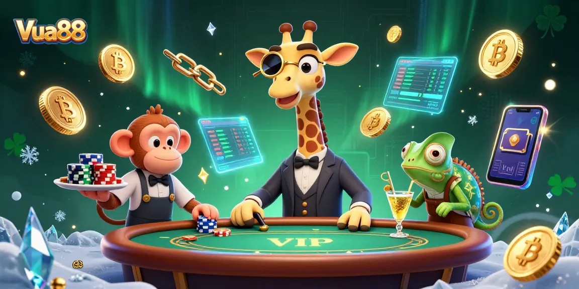 Experience thrilling gameplay at Vua88 with a vibrant illustration of a high-roller giraffe, adding flair to online casino adventures.