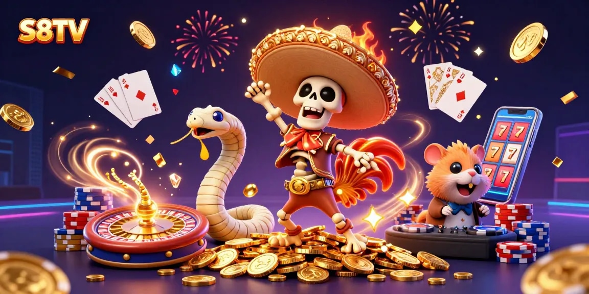 Enhance your betting experience with S8TV, featuring vibrant 3D characters and casino elements.
