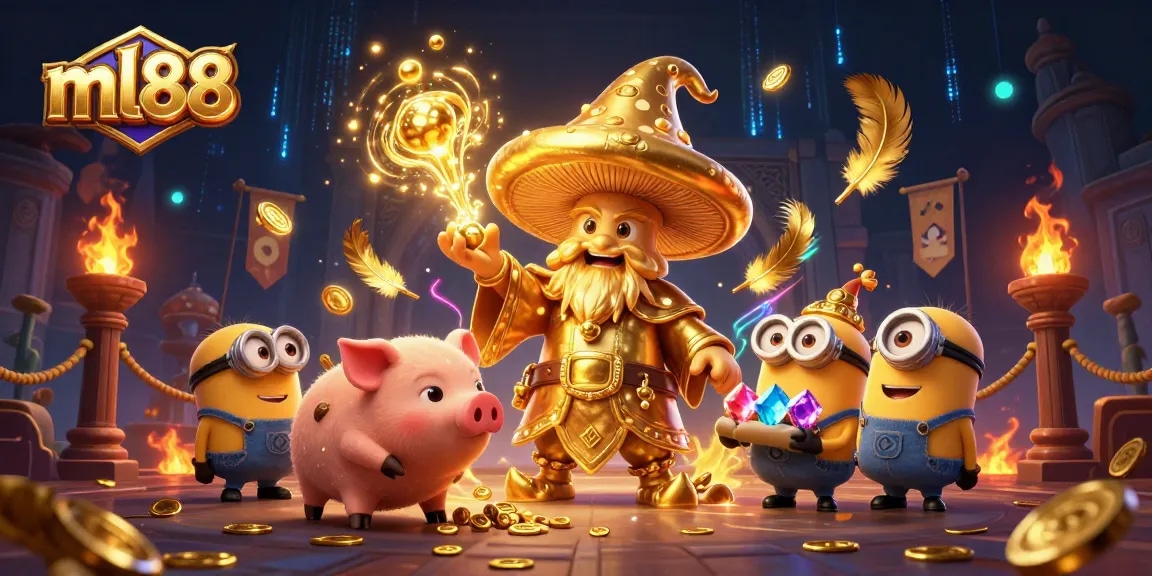 Experience the excitement of ml88 with a golden wizard, treasure, and dynamic casino elements.