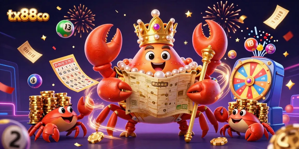 Experience the excitement at tx88co with the golden crab emperor surrounded by dynamic casino elements and vibrant colors.