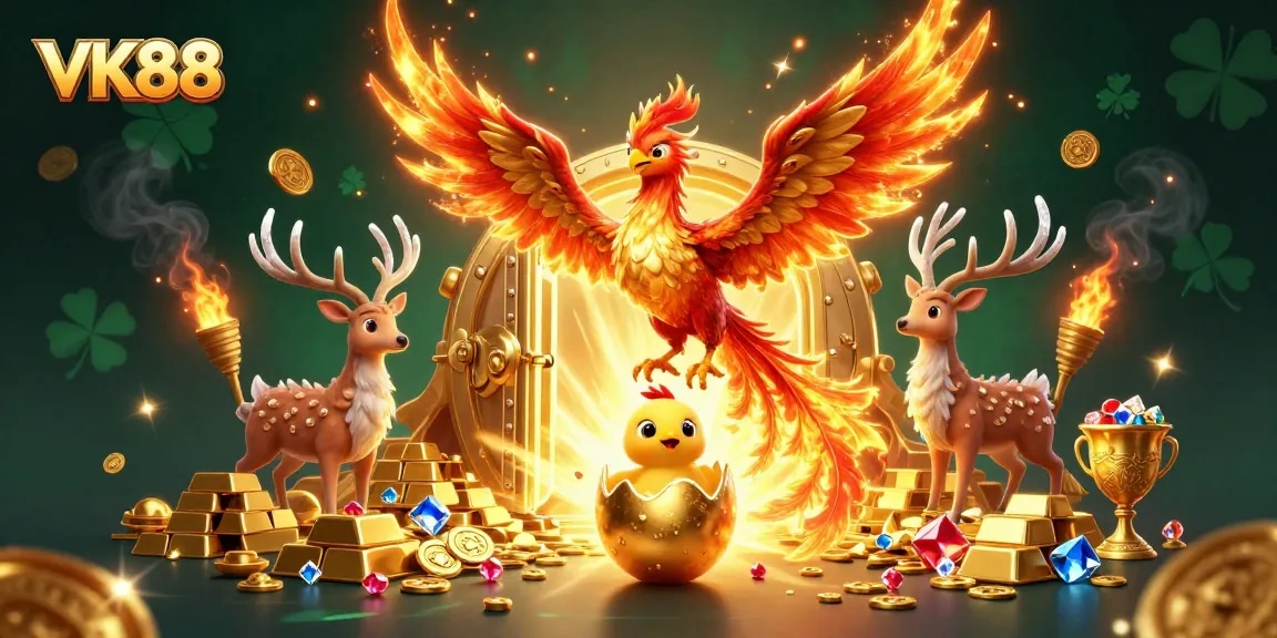 Experience thrilling wins with VK88 in a vibrant casino illustration featuring a phoenix, treasure, and mystical elements.