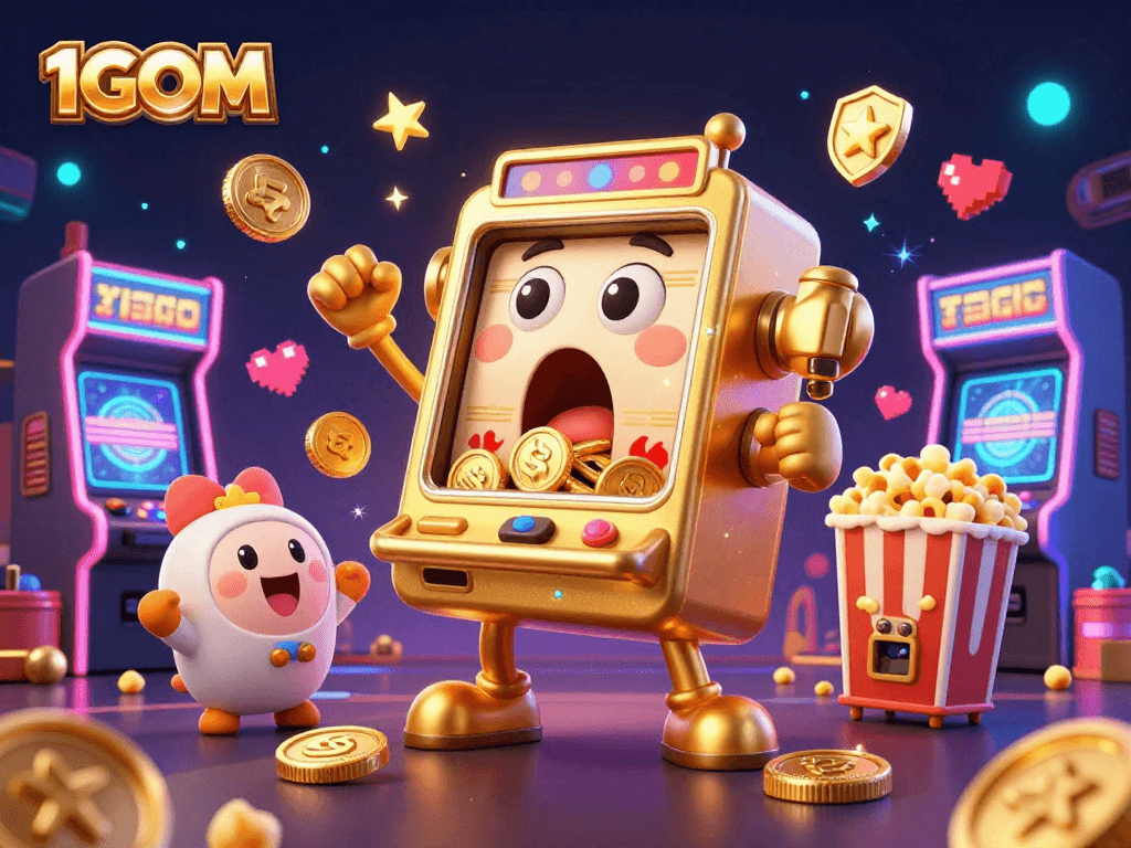1GOM slot machine celebrates a jackpot win with coins pouring out and cheering baby slots.