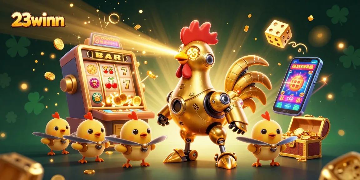Experience the excitement of 23winn with a vibrant 3D scene of a golden rooster robot amidst jackpot explosions and thrilling casino elements.
