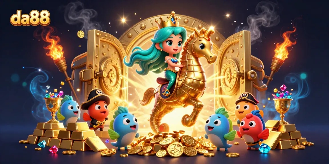 Experience the magic of da88 gaming with a vibrant casino-themed 3D scene featuring mermaids and treasures.