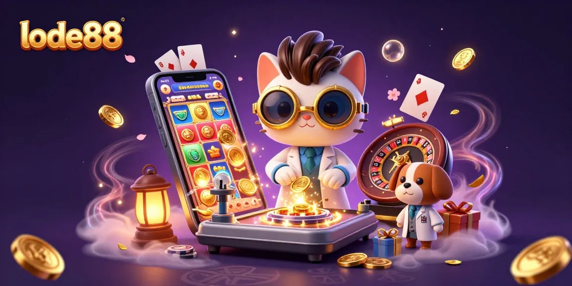 Join the excitement at lode88 with a lively scene of characters creating winning experiences in a vibrant casino setting.