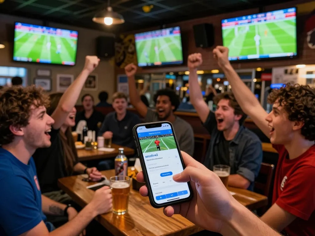 Excited fans enjoying live soccer on socolive2 app in a vibrant sports bar.