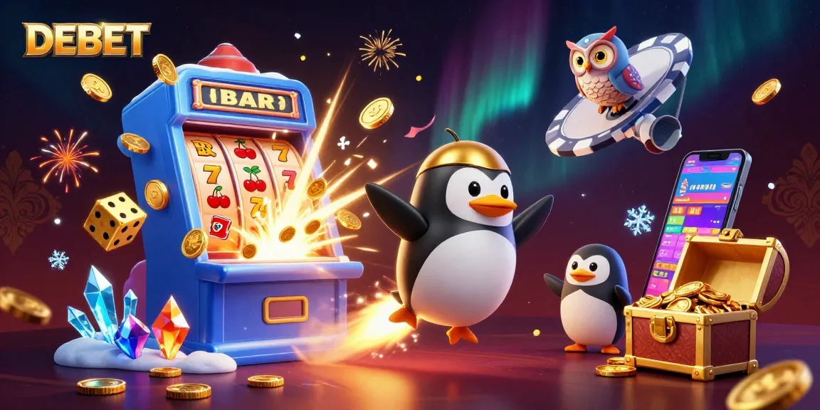 Engage DEBET players in a festive casino world with a vibrant penguin and jackpot excitement.