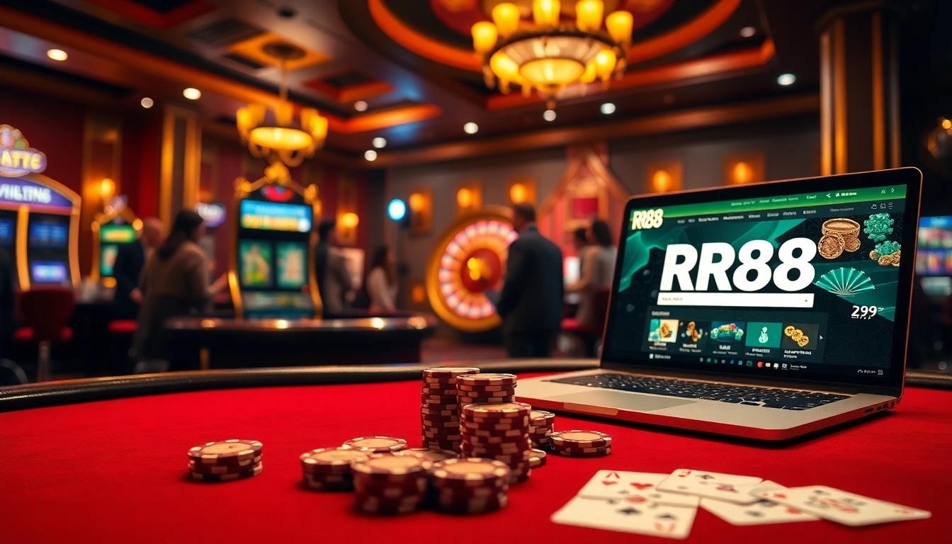 Excited players engage with RR88 poker chips and elegant cards in a luxurious casino setting.