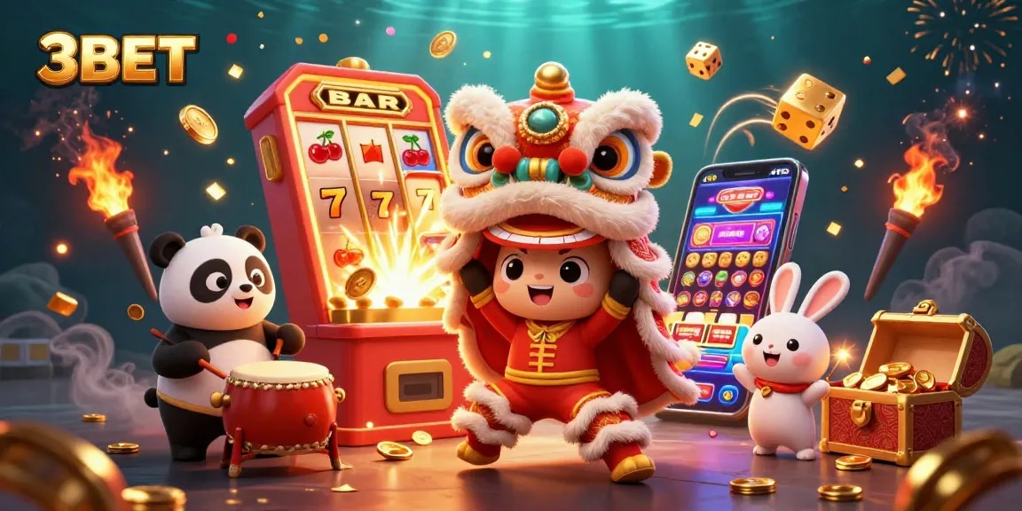 Engage with 3BET's exciting casino experience featuring a lion dance, vibrant decorations, and jackpot rewards.