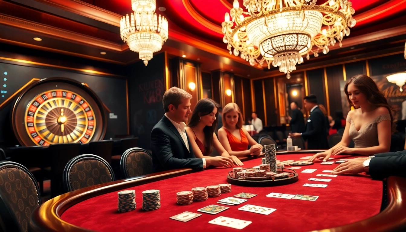Exciting gameplay at KU88 casino table with poker chips and cards in vibrant atmosphere.