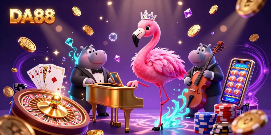 Experience the thrill of DA88 with animated characters and casino elements creating vibrant excitement.
