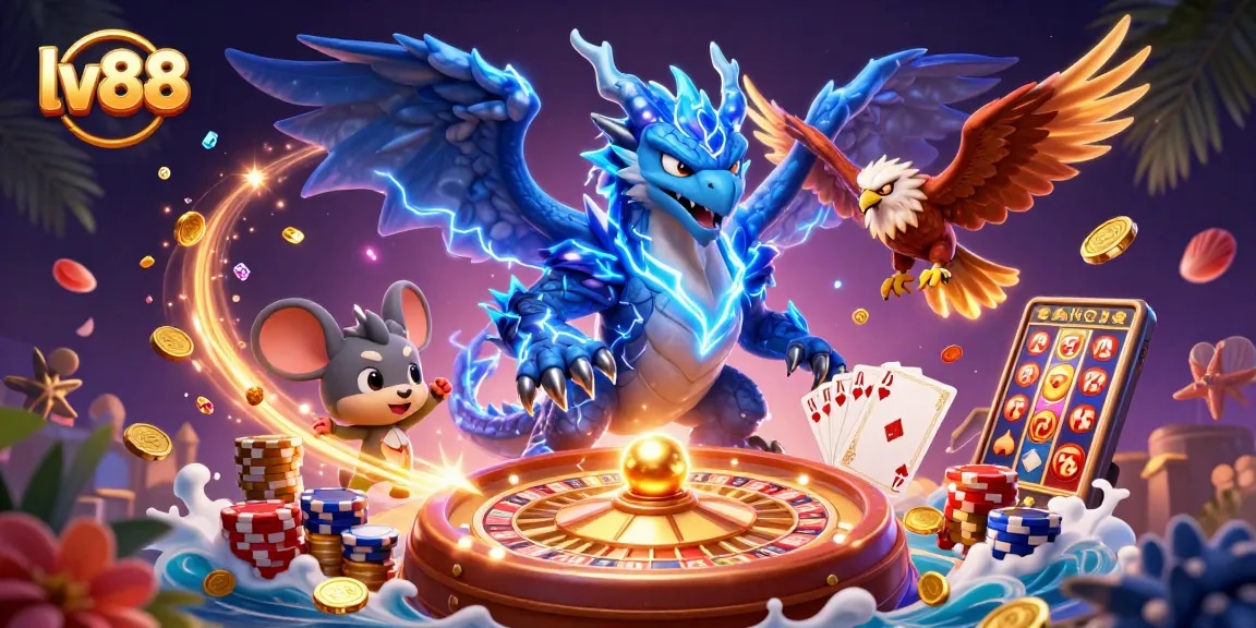 Experience thrilling gaming action at lv88 with dynamic characters, colorful symbols, and casino excitement.