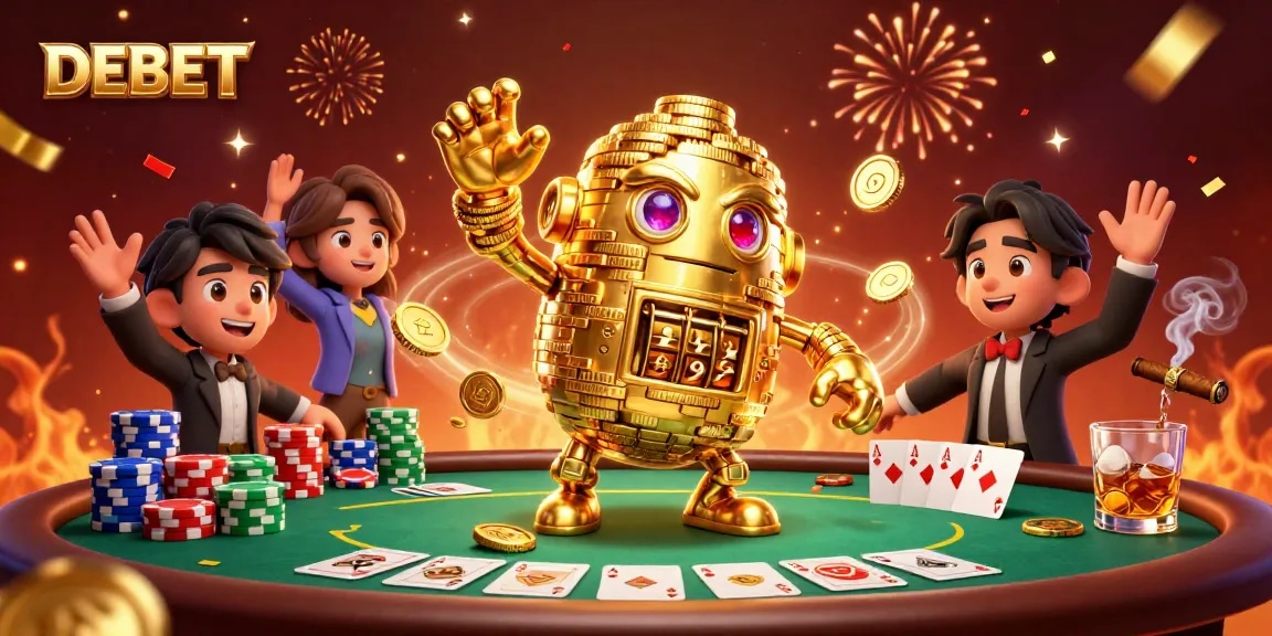 Experience DEBET with a golden golem and poker table in a celebratory casino scene.