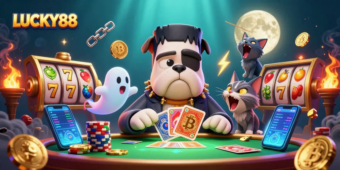 Engage with LUCKY88 as a Frankenstein bulldog deals cards amidst slot reels filled with lucky symbols.
