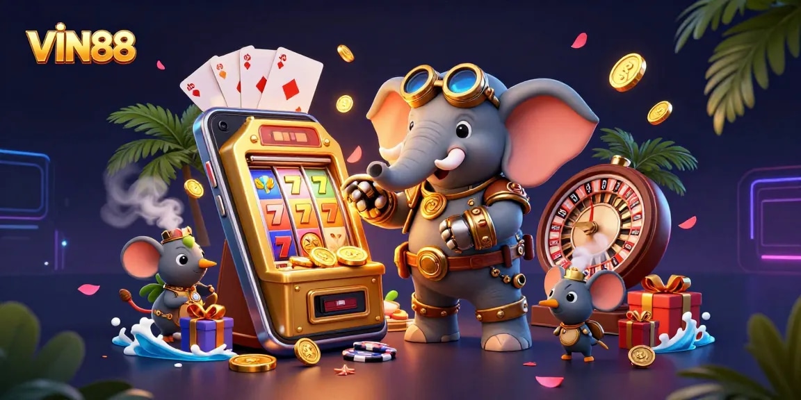 Experience dynamic gaming action at VIN88 with a steampunk elephant operating a golden slot machine surrounded by vivid gaming elements.