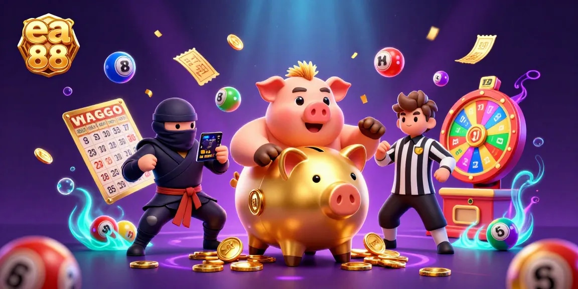 Experience exciting gaming action with ea 88 featuring a dynamic illustration of a golden piggy bank sumo wrestler.