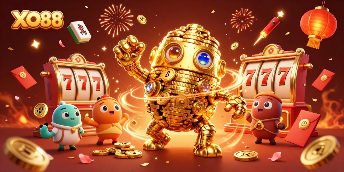 Engage in exciting gameplay with XO88's immersive casino atmosphere filled with golden winning symbols.