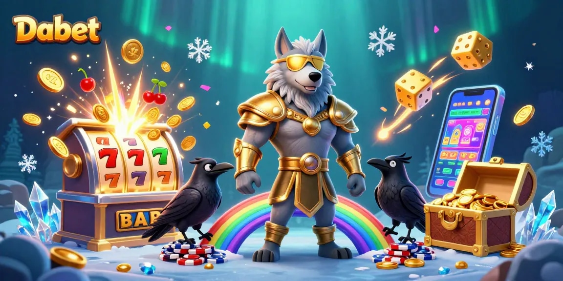 Dabet showcases an exciting online gaming experience with vibrant Norse mythology characters celebrating a casino jackpot.