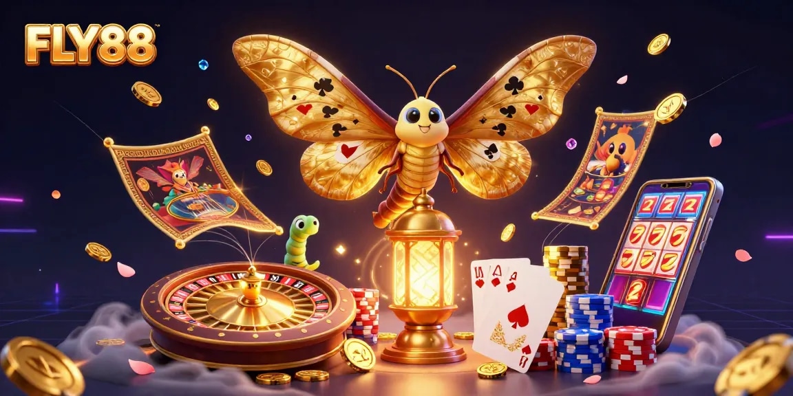 Experience the thrill of FLY88 with the enchanting atlas moth in a vibrant casino scene.