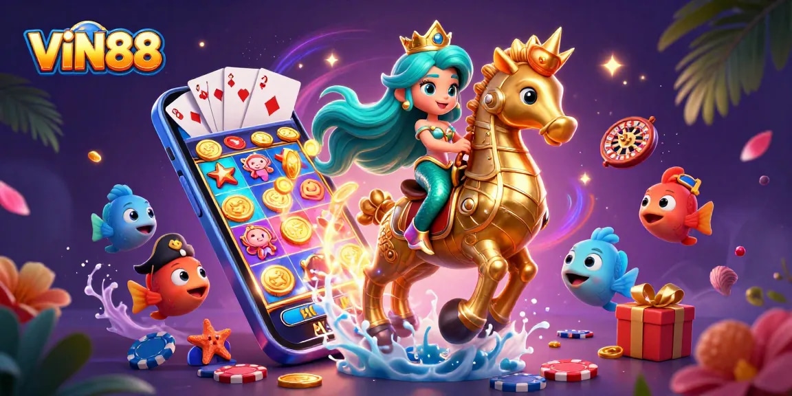 Experience the thrill of VIN88 with a mermaid princess and vibrant gambling elements in a magical sea