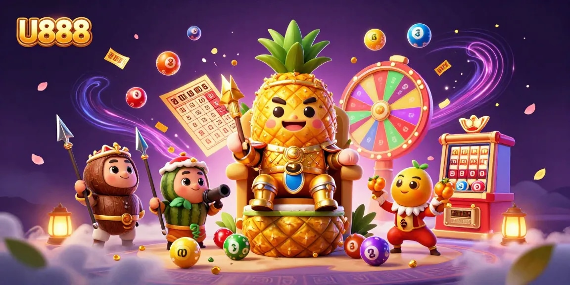 Experience excitement with U888's vibrant casino scene featuring a whimsical pineapple king and dynamic gaming elements.