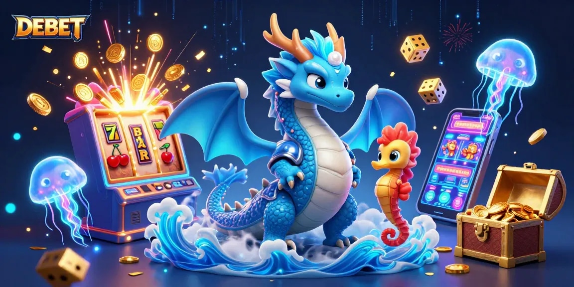 Engage with DEBET's exciting 3D casino adventure featuring a water dragon, a seahorse knight, and neon jellyfish.